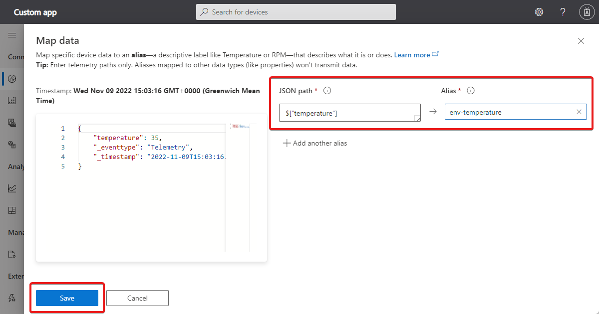 Captura de pantalla de la vista **Asignar datos** que muestra la ruta de acceso JSON y el alias.