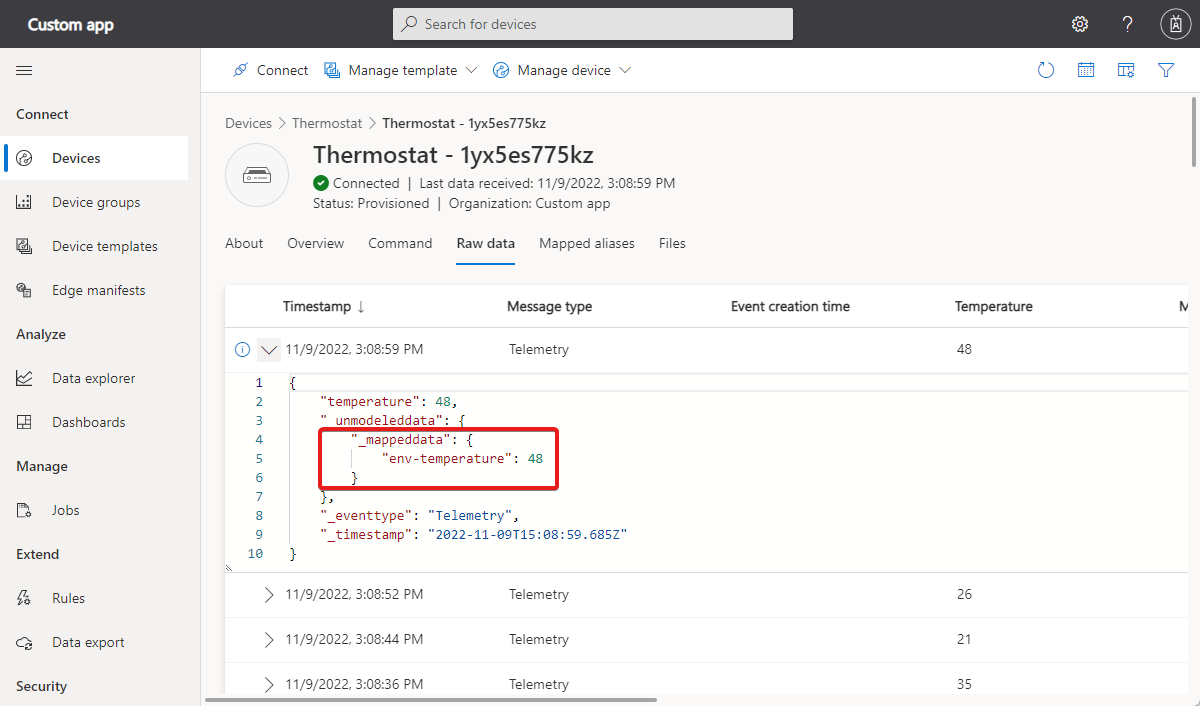 Captura de pantalla que muestra la sección de datos asignados en un mensaje de la vista **Datos sin procesar**.