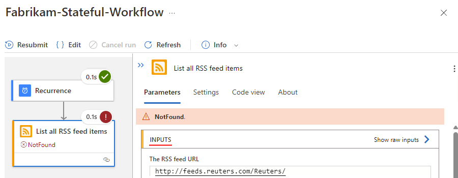 Captura de pantalla que muestra el flujo de trabajo de la aplicación lógica estándar con pasos fallidos.