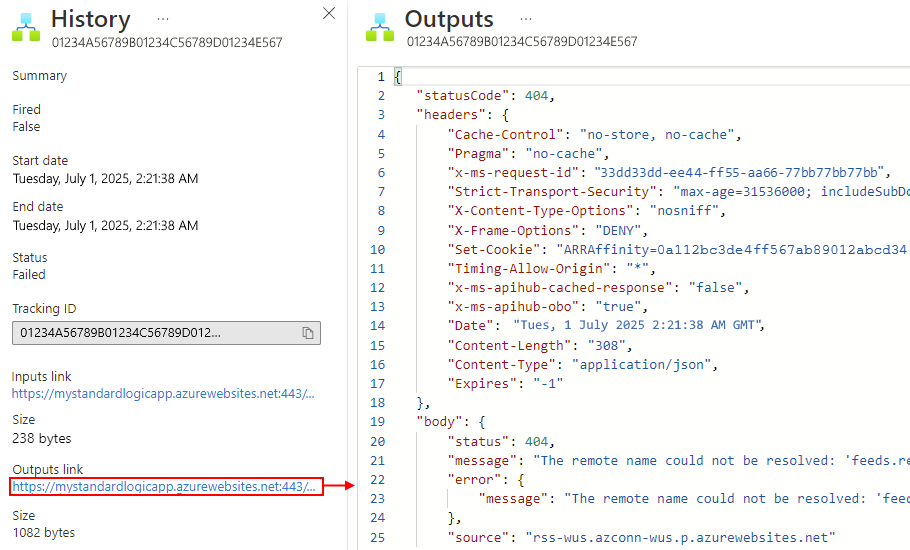 Captura de pantalla que muestra las salidas del desencadenador de flujo de trabajo de aplicación lógica estándar.