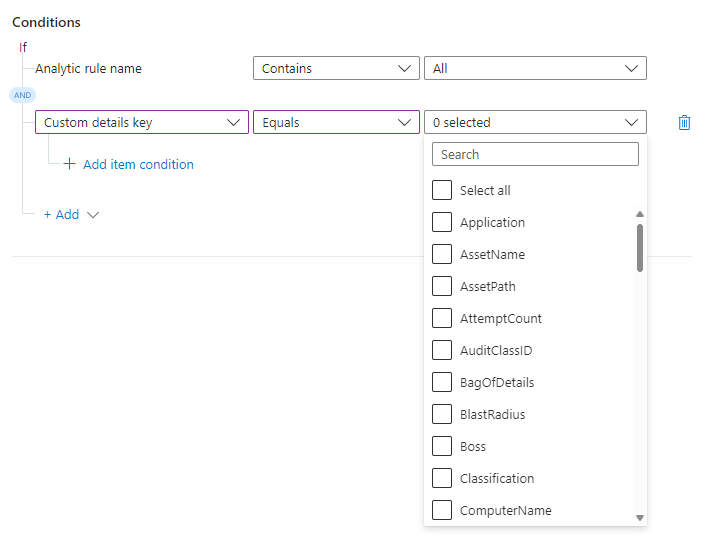 Captura de pantalla de la adición de una clave de detalle personalizada como condición.