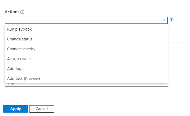 Captura de pantalla de la lista de acciones que se seleccionarán en la regla de automatización.