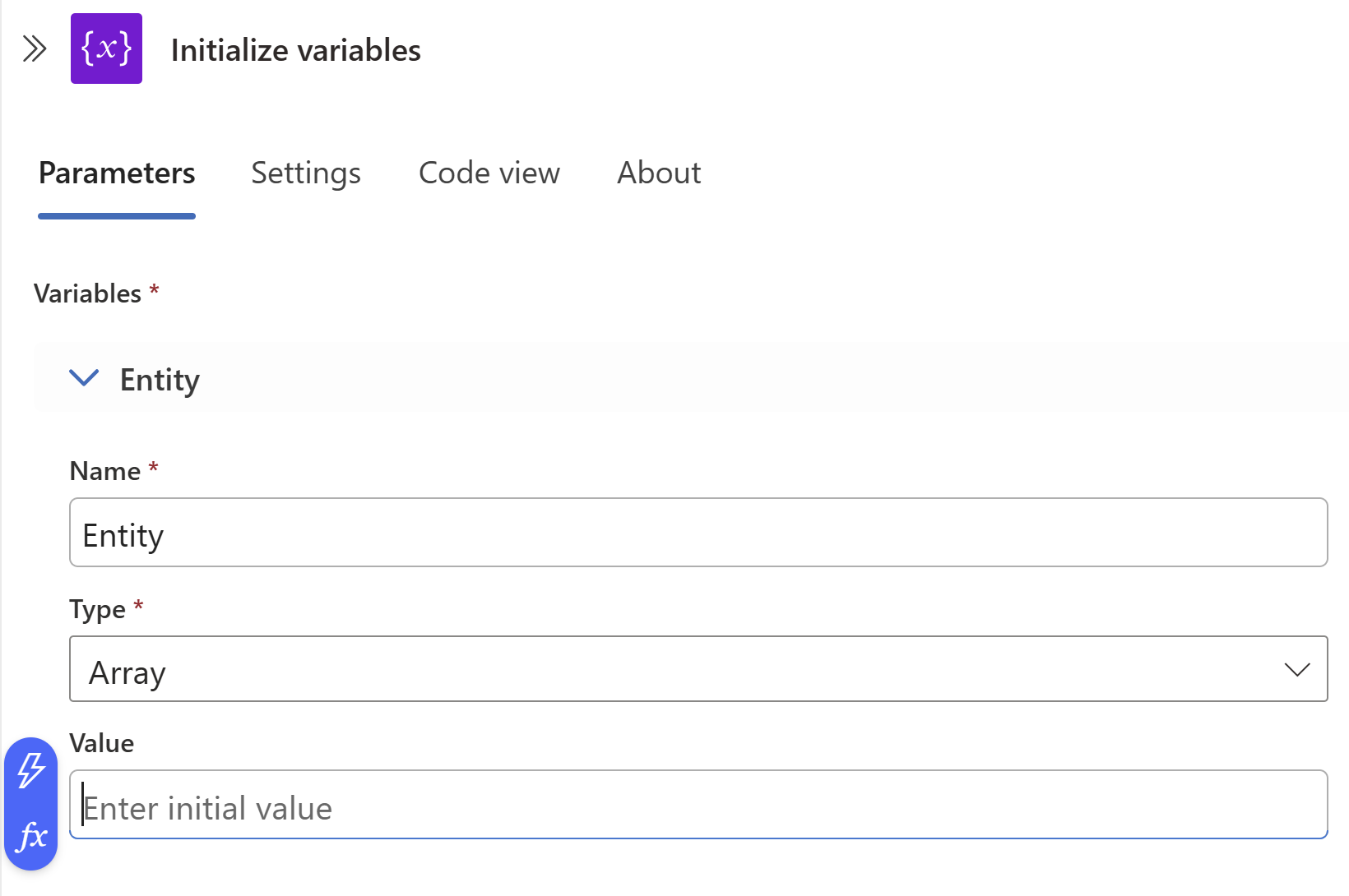 Captura de pantalla de la inicialización de una variable en el diseñador de aplicaciones lógicas.