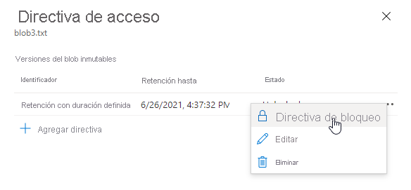 Screenshot que muestra cómo bloquear una directiva de retención basada en tiempo en Azure portal
