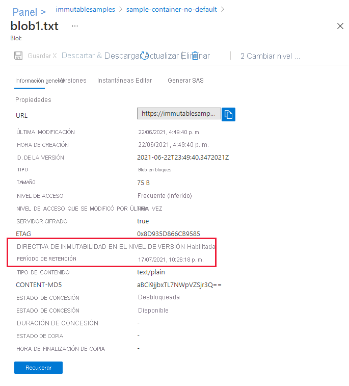  Captura de pantalla en la que se muestran las propiedades de directiva de inmutabilidad en la versión del blob en Azure portal