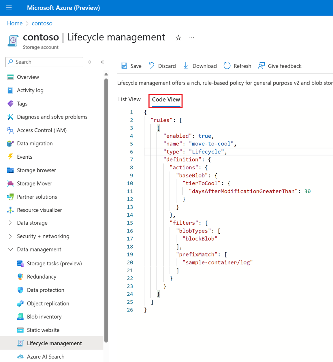 Captura de pantalla que muestra JSON en la pestaña Vista código.