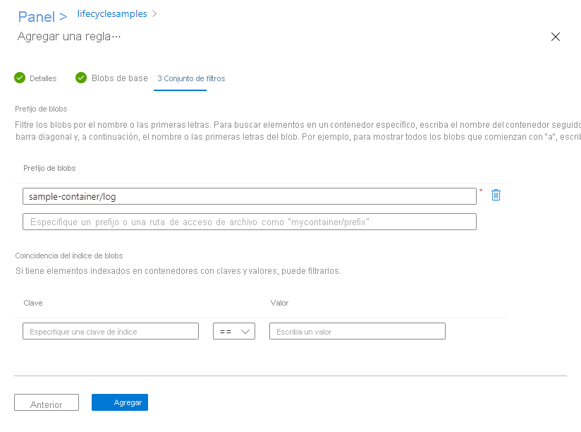 Captura de pantalla de la página del conjunto de filtros de administración del ciclo de vida en Azure Portal
