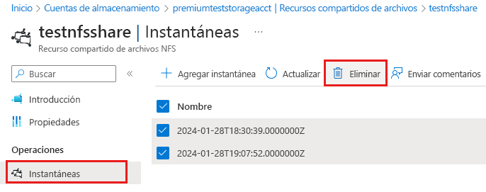 Captura de pantalla de la eliminación de instantáneas de compartición de archivos.