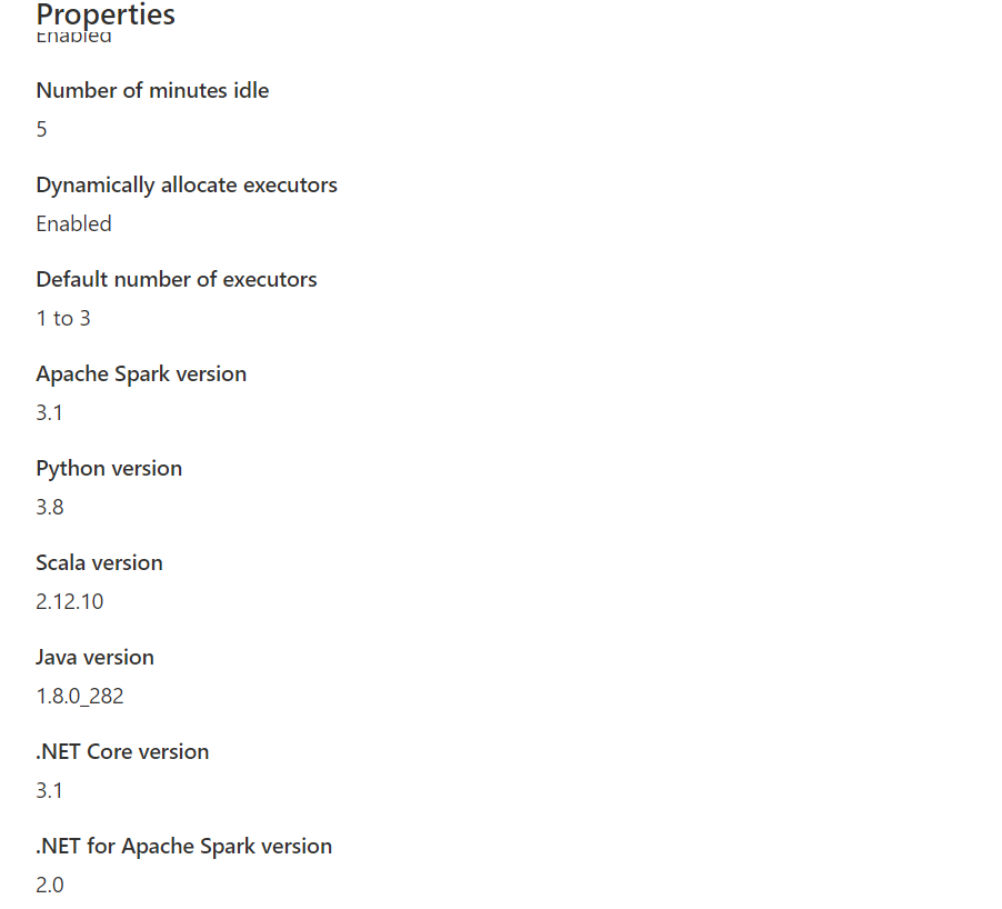 Captura de pantalla que muestra las propiedades, incluida la versión de Spark de .NET.