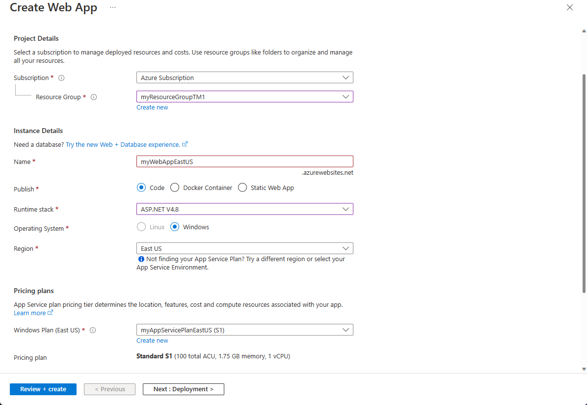 Captura de pantalla de la creación de una aplicación web.