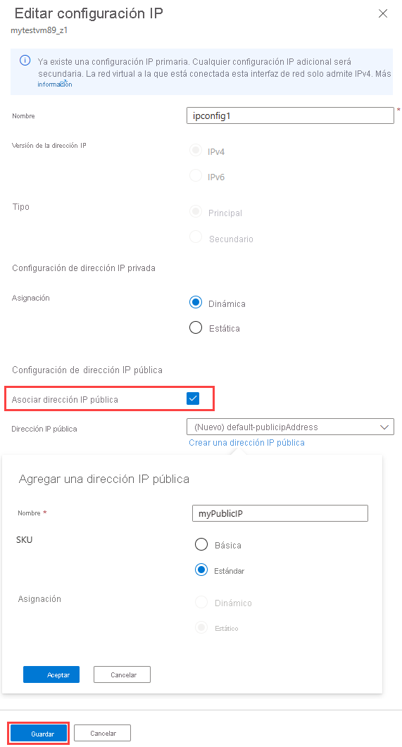 Captura de pantalla de cómo seleccionar, crear y asociar una nueva dirección IP pública.