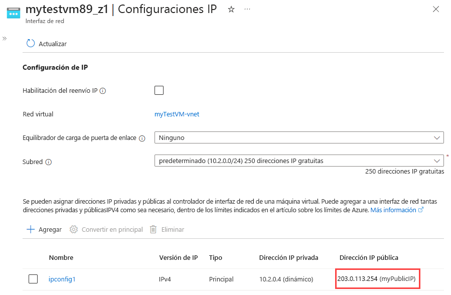 Captura de pantalla de la IP pública recién asignada.