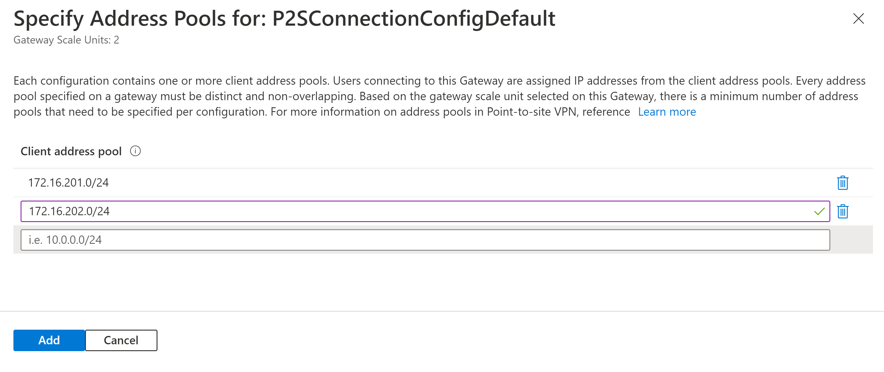 Captura de pantalla de la página Especificar grupos de direcciones.