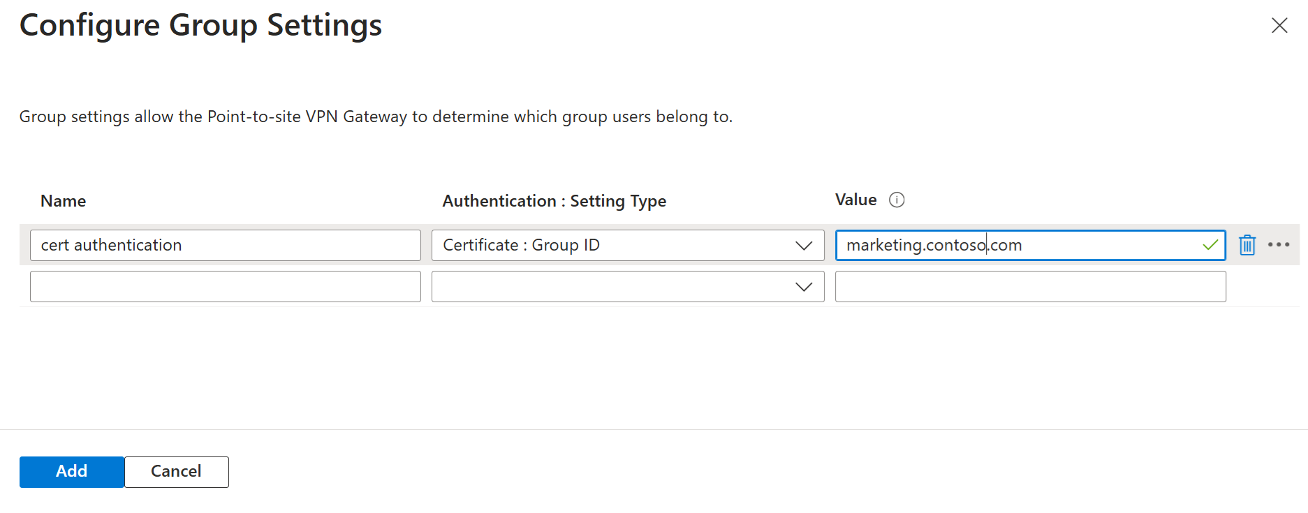 Captura de pantalla de la configuración de valores para los miembros del grupo de usuarios.