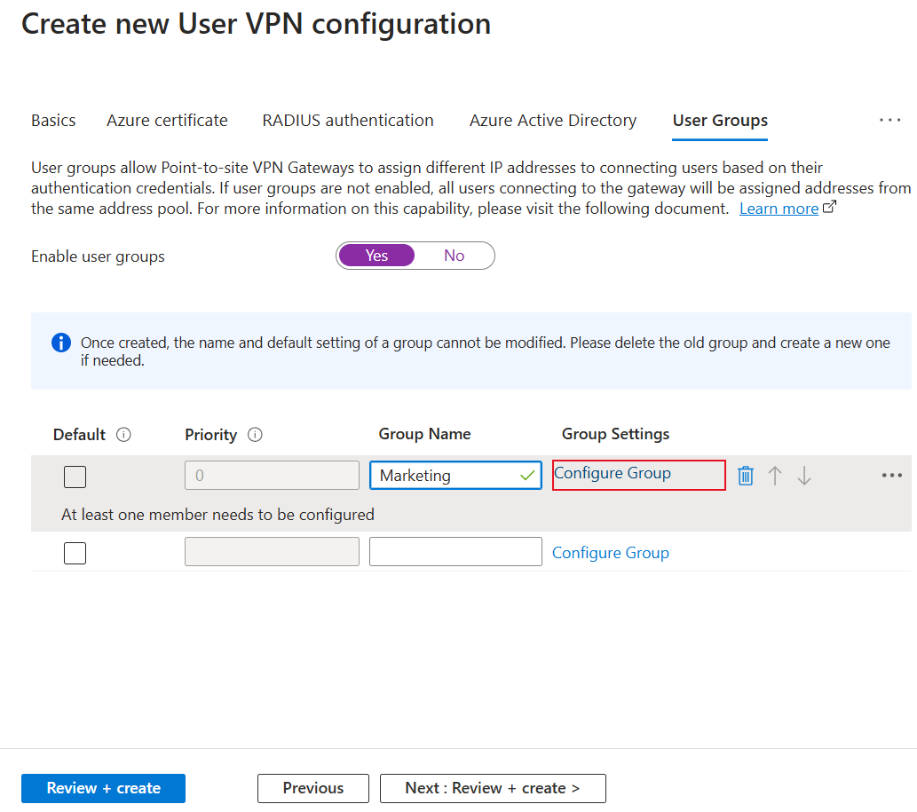 Captura de pantalla de la creación de un nuevo grupo.