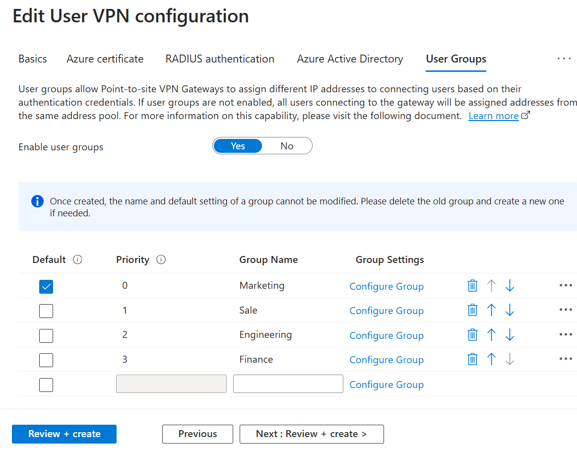 Captura de pantalla de selección del grupo predeterminado.
