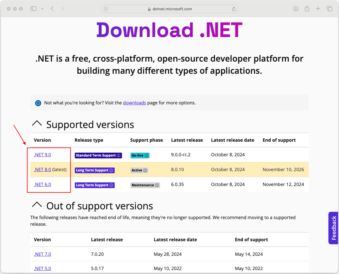La página web de descarga de .NET. Se enumeran las versiones 6.0 a 9.0. Un cuadro rojo resalta esos vínculos de descarga.