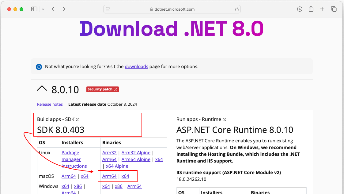 El sitio web de descarga de .NET que muestra los vínculos de descarga del SDK. El encabezado del SDK está resaltado con un cuadro rojo. El cuadro tiene una flecha que apunta hacia abajo a la sección macOS.