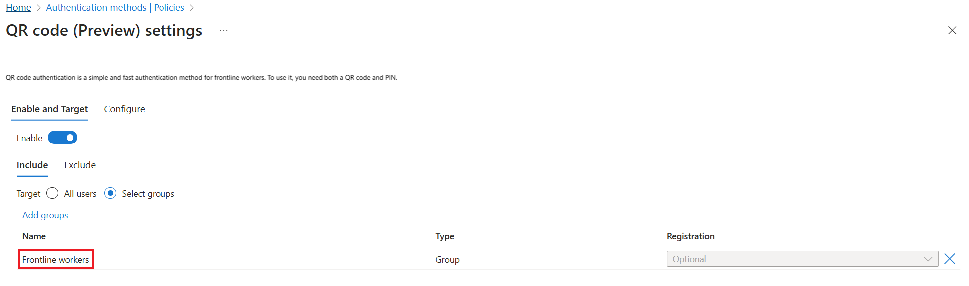 Captura de pantalla que muestra el Centro de administración de Microsoft Entra que muestra cómo agregar grupos a la configuración de código QR.