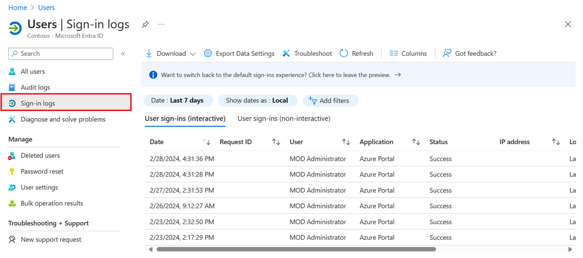 Captura de pantalla de los registros de inicio de sesión de Microsoft Entra de ejemplo