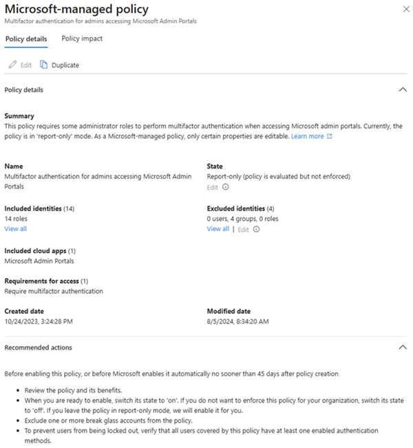 Captura de pantalla de una directiva de acceso condicional administrada por Microsoft en el Centro de administración de Microsoft Entra.