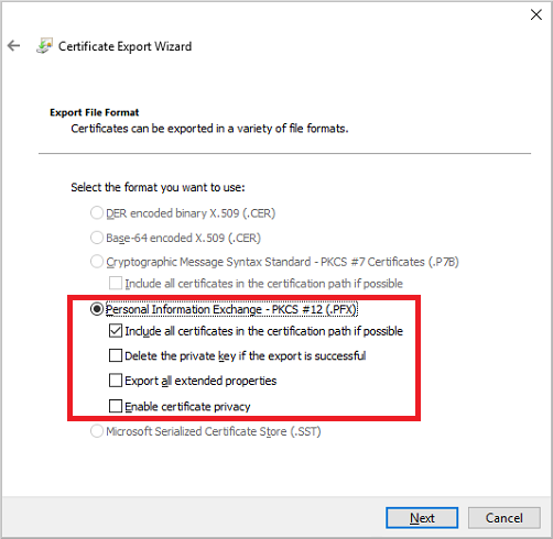 Selección de la opción para exportar el certificado en el archivo PKCS&nbsp;12 (.PFX)