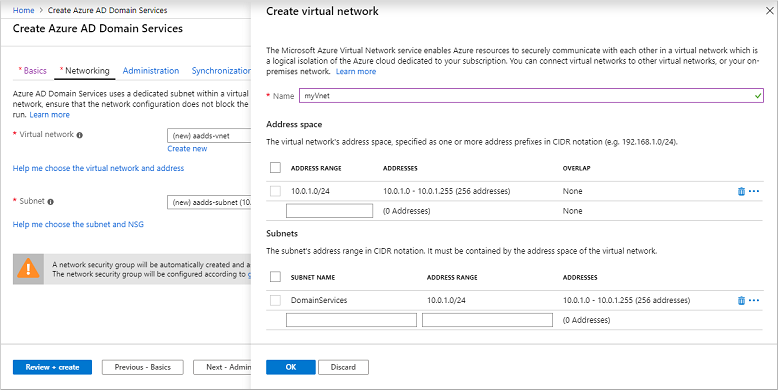 Creación de una red virtual y una subred para su uso con Microsoft Entra Domain Services