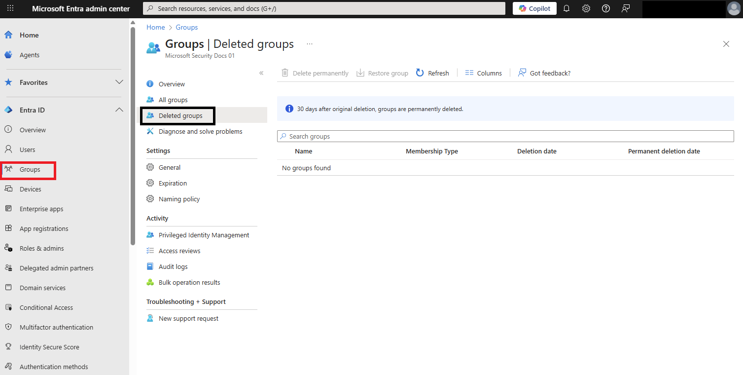 Captura de pantalla que muestra grupos disponibles para restaurar.