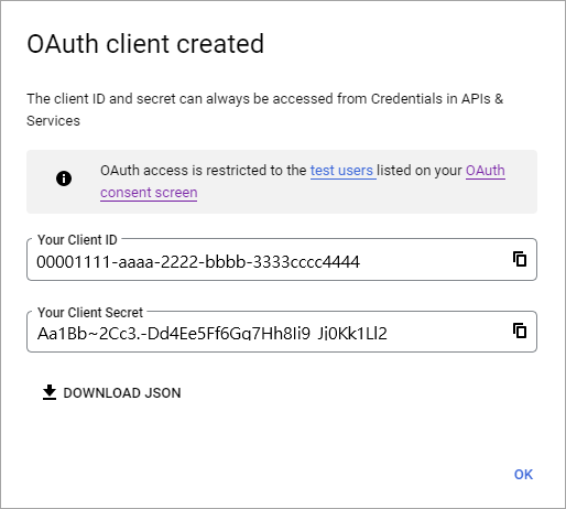 Captura de pantalla que muestra el identificador de cliente de OAuth y el secreto de cliente.