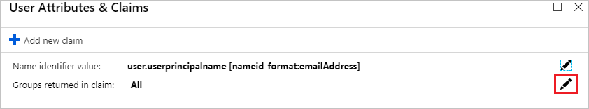 Captura de pantalla que muestra la sección Atributos y notificaciones de usuario con el lápiz resaltado al lado de la opción Grupos devueltos en la notificación.