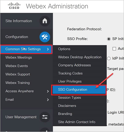 La captura de pantalla muestra Administración de Cisco Webex con Configuración común del sitio y Configuración de SSO seleccionada.