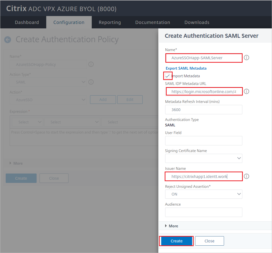 Captura de pantalla de la configuración del conector SAML de Citrix ADC para Microsoft Entra - panel Crear servidor SAML de autenticación.