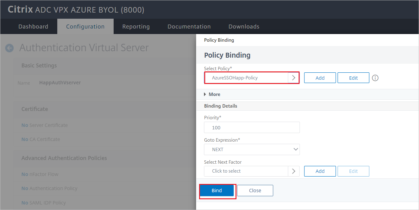 Recorte de pantalla de la configuración de Citrix ADC SAML Connector for Microsoft Entra: Panel de enlace de directivas