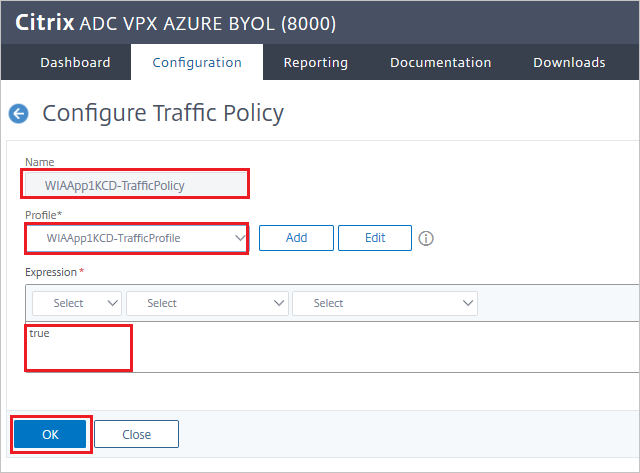 Captura de pantalla del conector SAML de Citrix ADC para la configuración de Microsoft Entra - panel Configurar directiva de tráfico