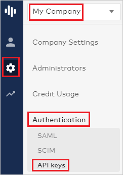 Captura de pantalla de la consola de administración de Dialpad, con los iconos de configuración, Mi Empresa, Autenticación y claves A P I resaltados, y Mi Empresa seleccionada.