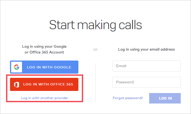 Captura de pantalla de la página Inicio de llamadas en el sitio web de Dialpad. El botón Iniciar sesión con Office 365 está resaltado.