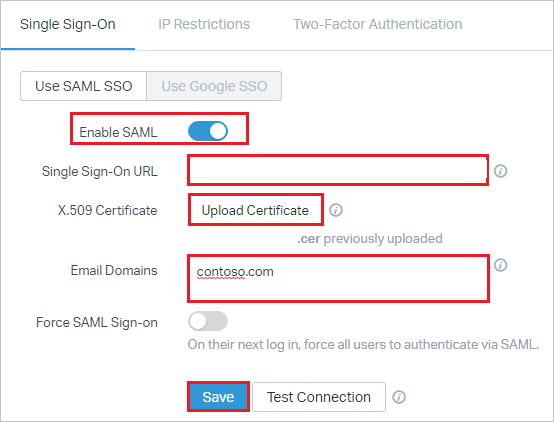 Captura de pantalla que muestra la pestaña Single Sign-On (Inicio de sesión único) para habilitar SAML y agregar más información.