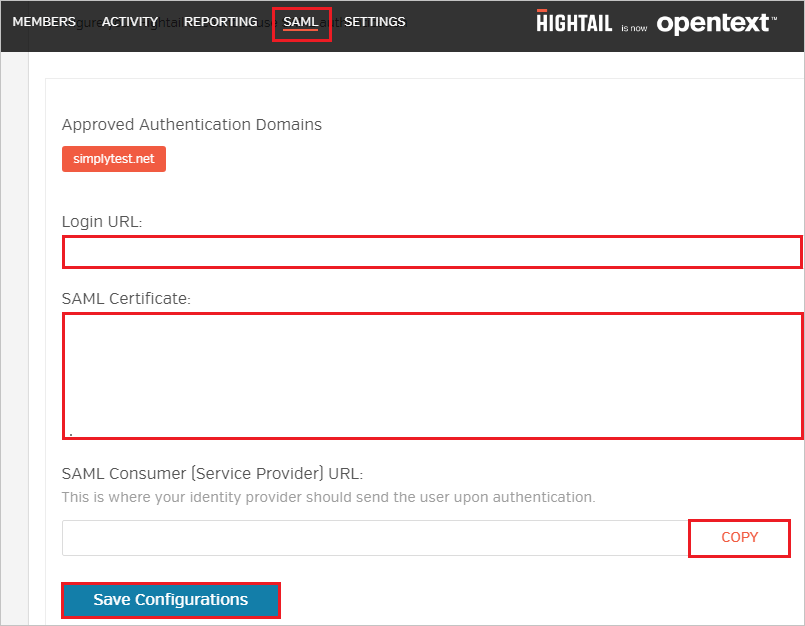 Captura de pantalla que muestra la pestaña SAML, donde puede especificar la dirección U R L de inicio de sesión y el certificado de SAML.