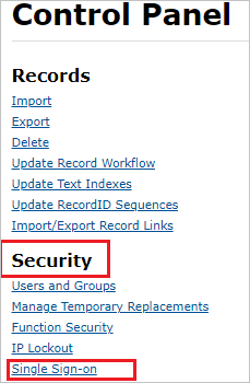 Captura de pantalla que muestra Single Sign-On (Inicio de sesión único) seleccionado en el menú Security (Seguridad).