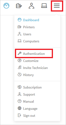 Captura de pantalla que muestra la opción Autenticación seleccionada en el menú.