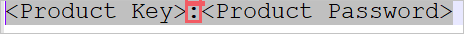 Captura de pantalla de texto no cifrado que muestra la clave de producto y la contraseña del producto separadas por dos puntos.