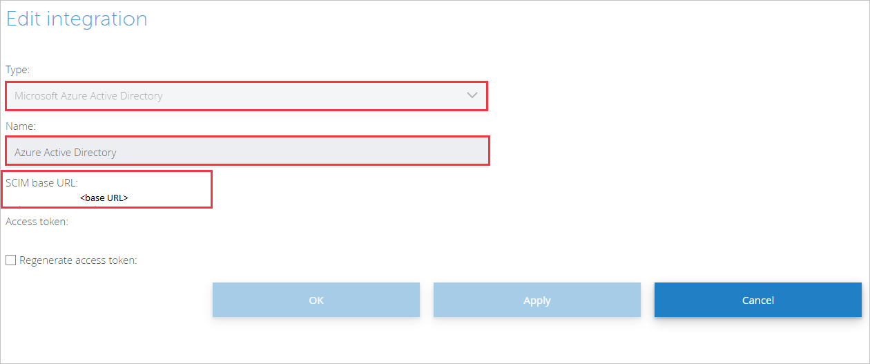Captura de pantalla del cuadro de diálogo Editar integración con los cuadros de texto Tipo, Nombre y SCIM seleccionados.