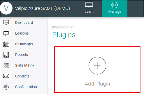 Captura de pantalla que muestra el botón Add plugin (Agregar complemento) seleccionado.