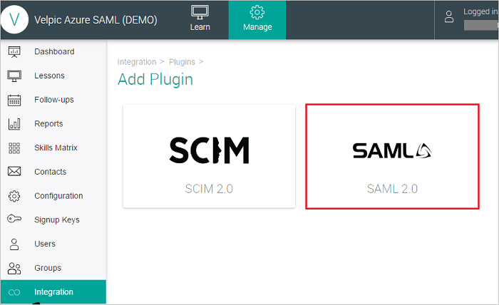 Captura de pantalla que muestra la opción SAML seleccionada en la página Add plugin (Agregar complemento).
