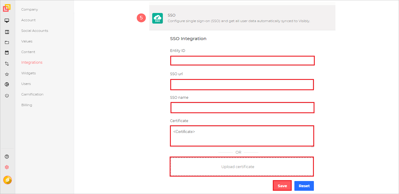 Captura de pantalla que muestra la página S S O Integration (Integración de S S O), donde puede especificar los valores descritos.