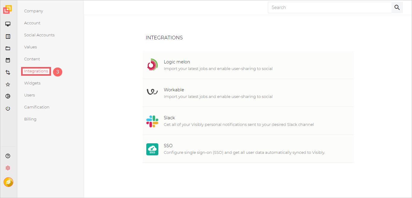 Captura de pantalla que muestra la opción Integrations (Integraciones) seleccionada en el menú Settings (Configuración).