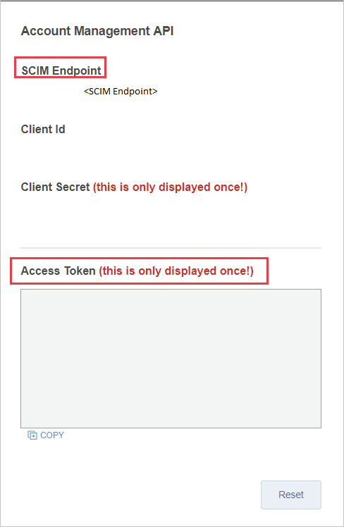 Captura de pantalla de la sección A P I de administración de cuentas con las opciones Punto de conexión S C I M y Token de acceso seleccionadas.