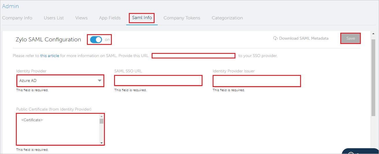 Configuración de SAML de Zylo.