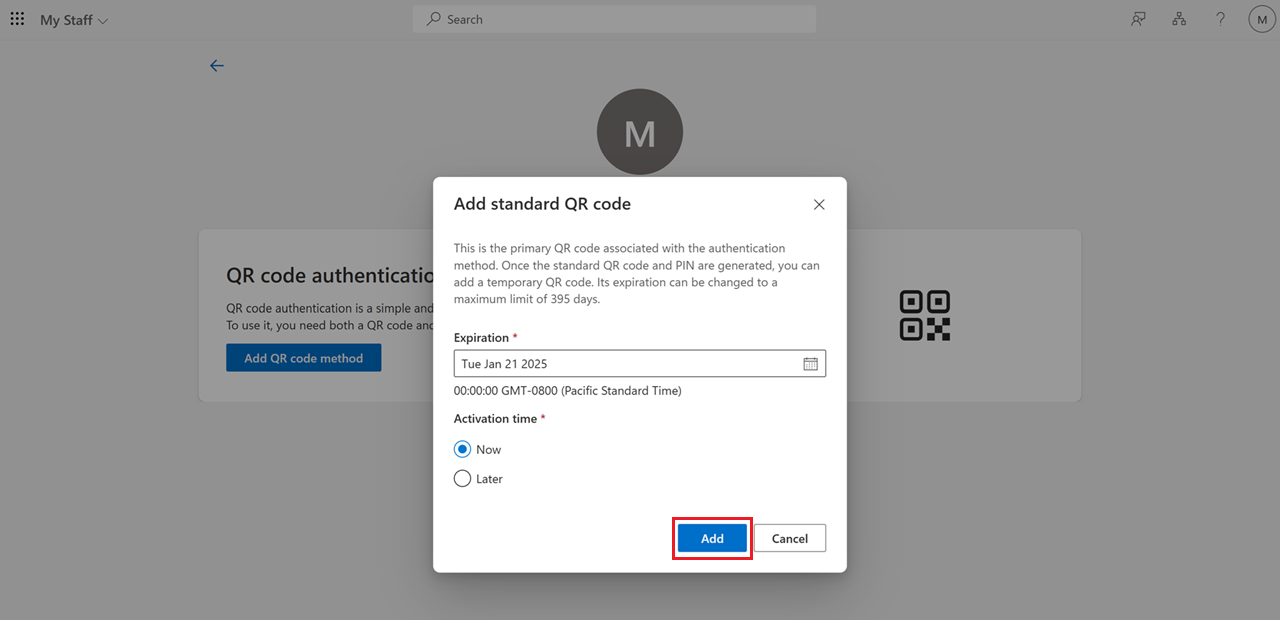 Captura de pantalla que muestra cómo establecer la fecha de activación de un método de autenticación de código QR.