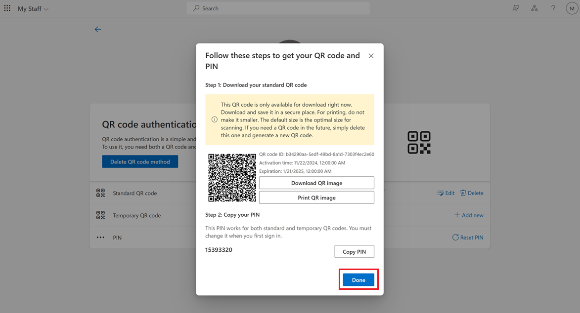 Captura de pantalla que muestra un método de autenticación de código QR después de agregarlo un administrador.